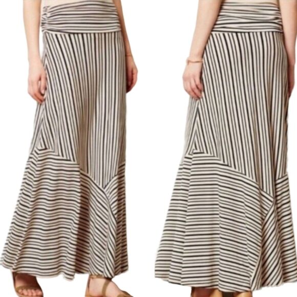Anthropologie Maeve Ardennes Beige & Black Striped Maxi Skirt Petite Size SP - Picture 1 of 8